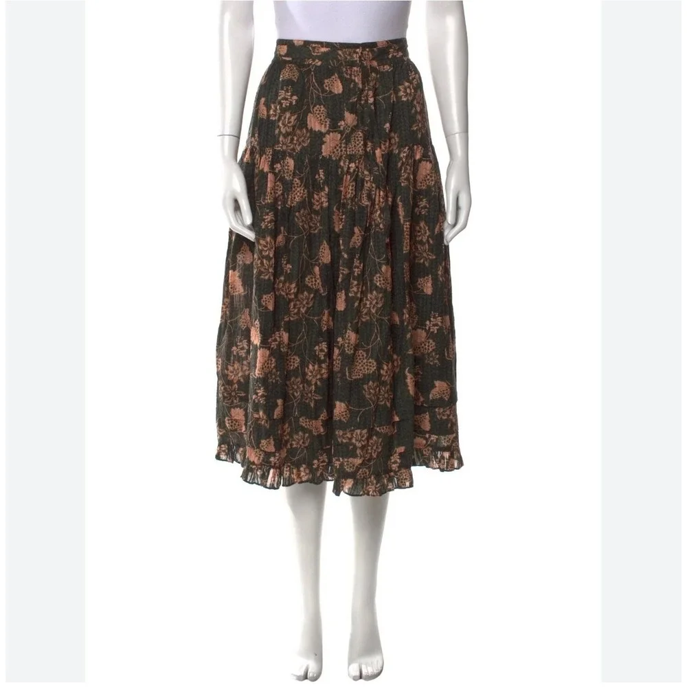 Ulla Johnson Skirt Women 6 Green Pink Floral Tiered Ruffle Midi Boho Fairy